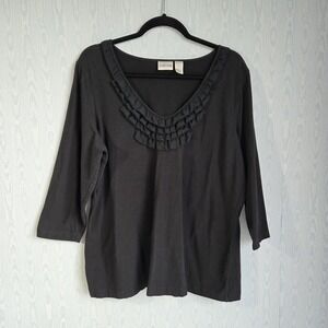 Chicos Womens XL‎ (3) Black 3/4 Sleeve Pima Cotton Ruffle Neck Top Whimsygoth